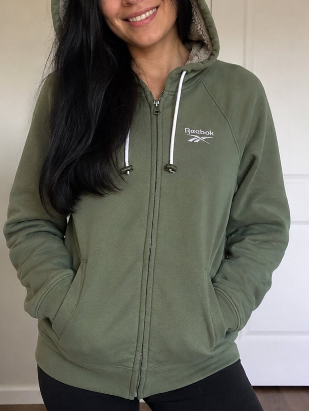 Reebok Womens Sz M Full Zip Hoodie Sweatshirt Fleece Lined Pockets Green
